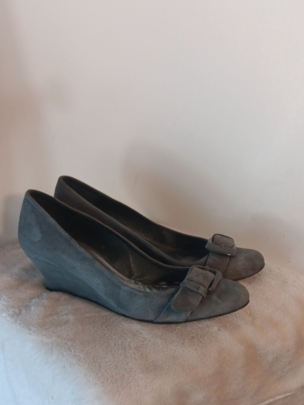 Zara Gray Suede Wedge Pumps with Buckle Detail